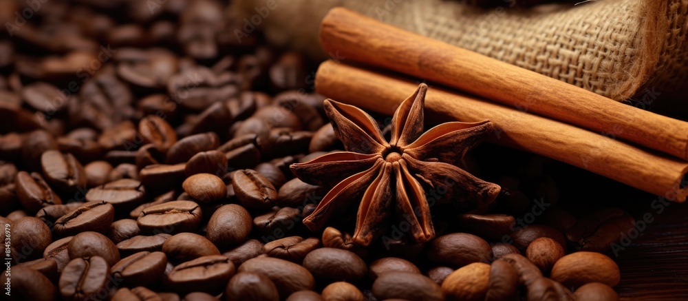 Poster Closeup of coffee beans and cinnamon sticks with copy space image