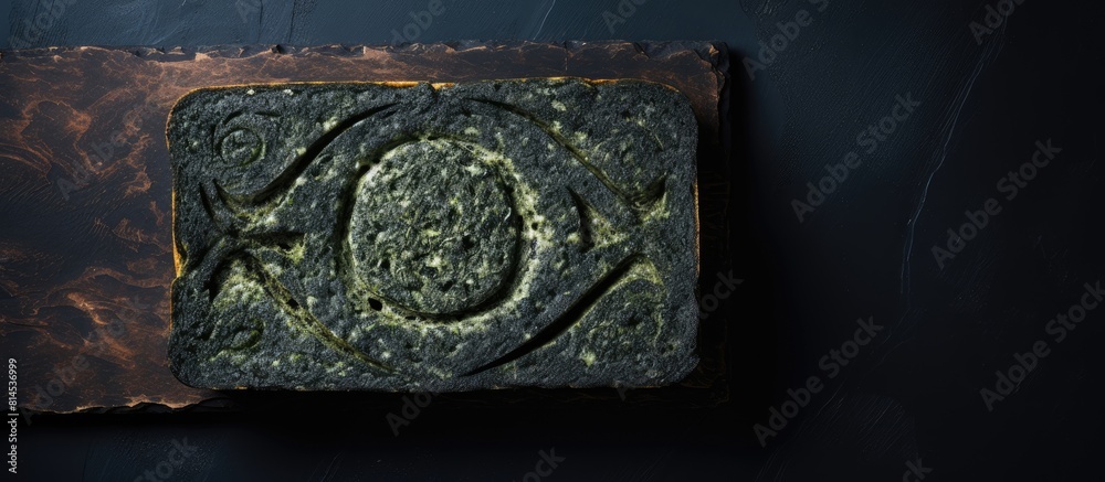 Poster view from above of a gluten free healthy buckwheat bread infused with spirulina and charcoal display