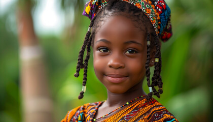 Closeup photo of a happy african girl in traditional attire and braided hair, celebrating International Day of the African Child with a blurred natural backdrop