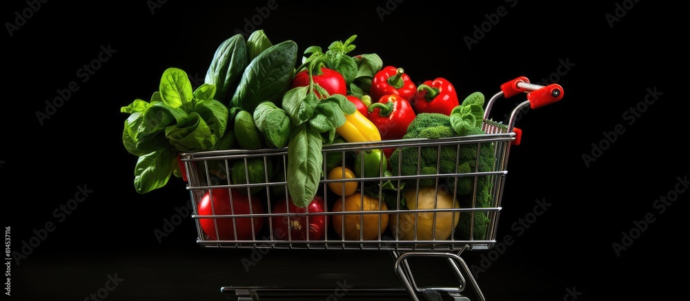 Poster a market shopping cart contains fresh vegetables like raw tomato and basil the image shows them isol