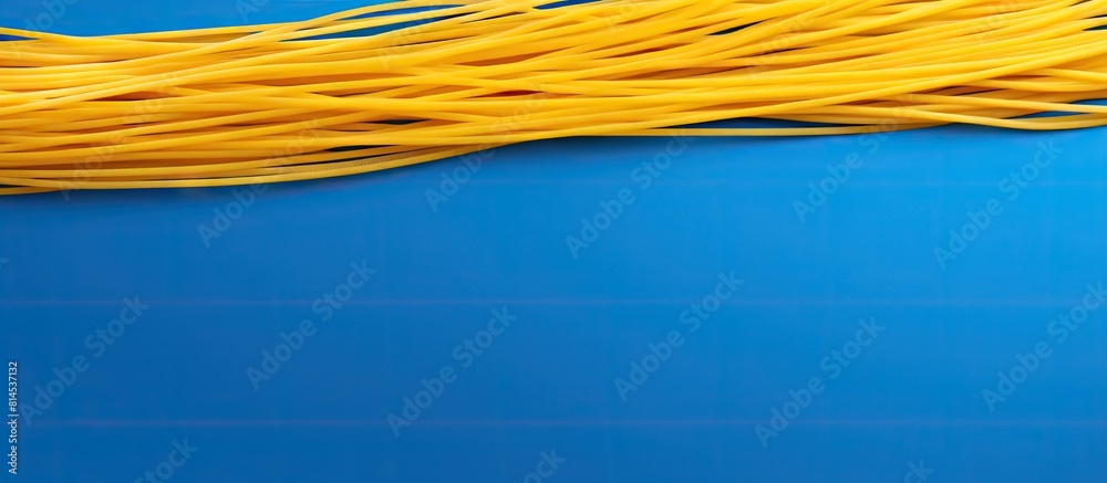 Aufkleber A yellow strand of long spaghetti is placed on a blue background with ample copy space available for additional elements or text
