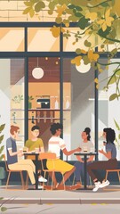 Casual outdoor gathering of friends at a cafe in a vector illustration. Enjoying coffee and conversation in a cozy, urban setting.