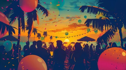 Beach party scene in vector style featuring balloons, confetti, and a vibrant sunset. People enjoying a festive tropical celebration by the seaside.