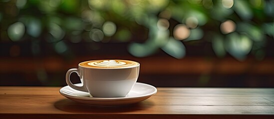 Obraz premium A coffee cup with latte art foam sits on a wooden table in a cozy coffee shop offering a perfect space for adding any desired image or text