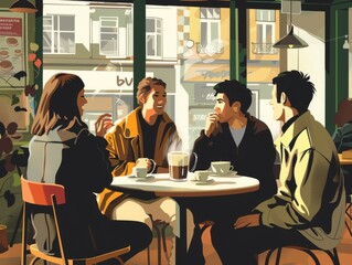 A detailed vector illustration of an early morning cafe scene featuring four friends enjoying coffee and conversation. captures the warm and inviting ambiance of a cozy cafe with large windows, natura