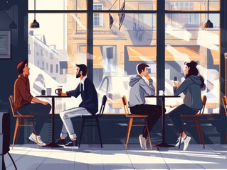 A serene vector illustration of friends meeting up in a cozy cafe during the early morning hours. features two pairs of friends seated at separate tables by large windows, enjoying coffee and engaging