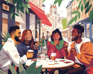 A lively digital vector illustration depicting a group of four friends laughing and enjoying coffee at an outdoor street cafe.  is filled with bright colors, greenery, and the charm of a bustling city