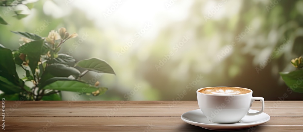 Poster a copy space image of a cup of coffee resting on a white table is surrounded by a softly blurred nat