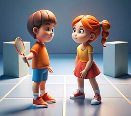 Playful 3D Cartoon Kids Swinging Tennis Rackets