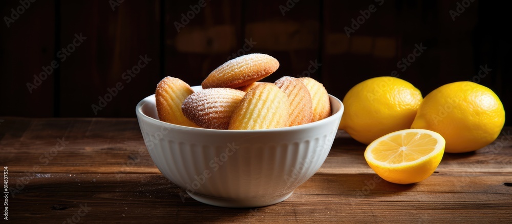 Poster a bowl and a coffee cup rest on a wooden table showcasing lemon glaze madeleines the table offers am
