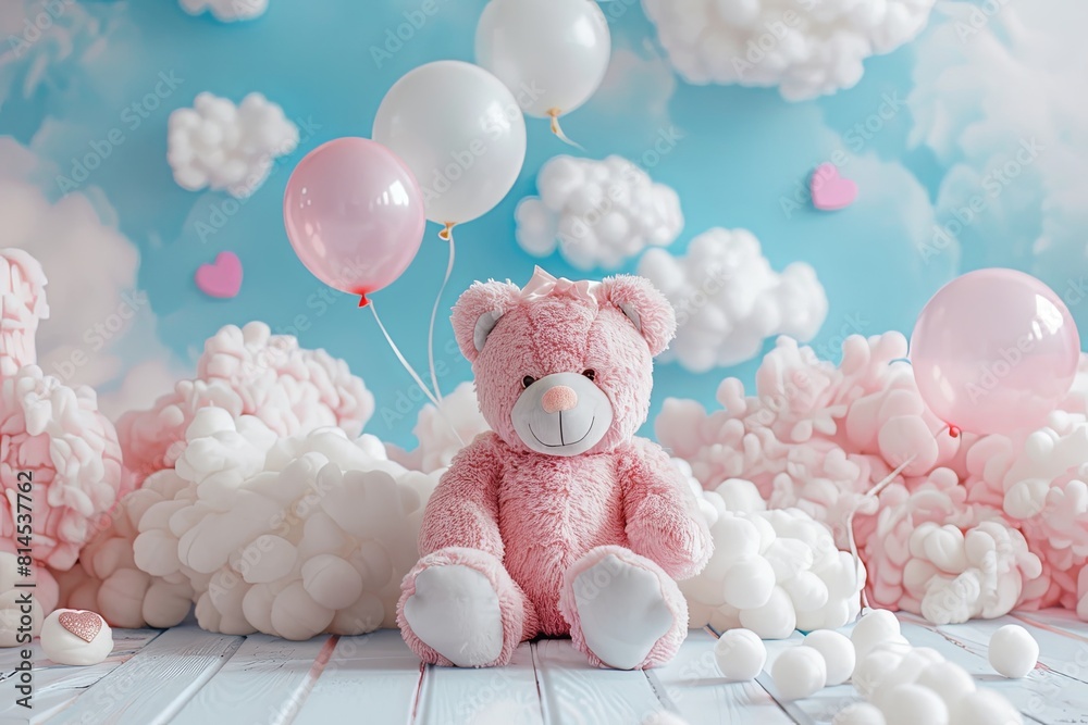 Wall mural A cute pink teddy bear sitting on the ground with white clouds and balloons in the background, creating an adorable Valentine's Day backdrop