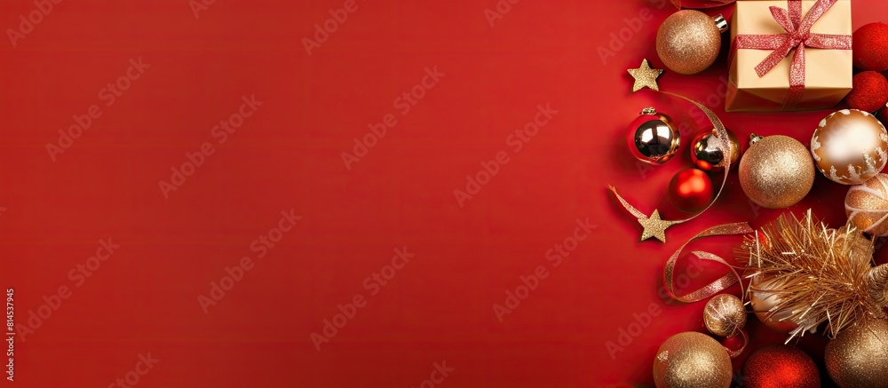 Poster Preparing for the holidays a top view Christmas background features gift boxes clews of rope rolls of paper and various decorations all on a red backdrop with ample copy space