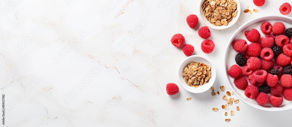 Aufkleber a healthy breakfast concept featuring a bowl of granola mixed with raspberries and greek yogurt plac