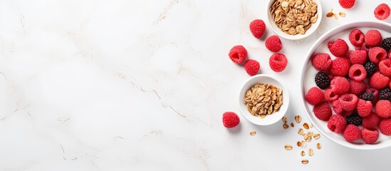 A healthy breakfast concept featuring a bowl of granola mixed with raspberries and Greek yogurt placed on a white marble table background The image is taken from a top down perspective with a flat la