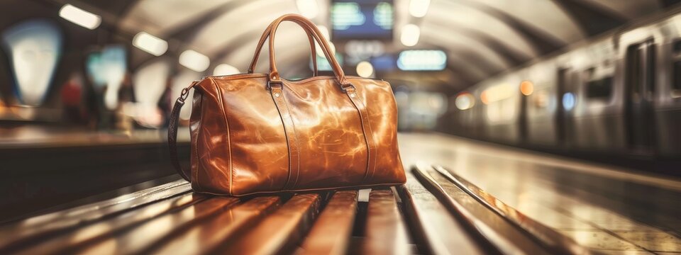 A banner with copy space and a high-quality leather duffel bag that rests on a wooden bench in a train station, perfect for a travel-themed advertisement.