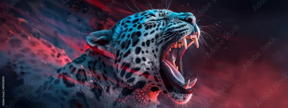 Wall mural roaring white leopard on black background with neon blue and pink light. angry big cat, aggressive j