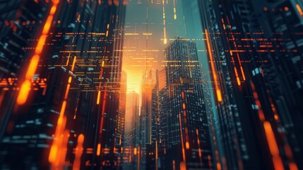 Fototapeta premium Skyscrapers at sunset, architectural background for financial, corporate, and business brochures