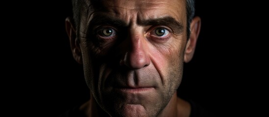 A middle aged man with light eyes is portrayed against a black background in the copy space image - Powered by Adobe