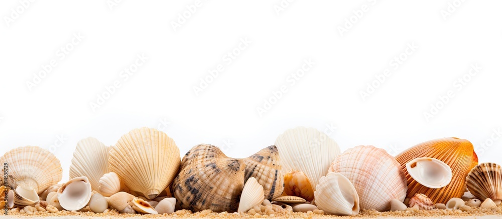 Poster A close up image of sea shells on sandy beach with a white isolated background providing copy space