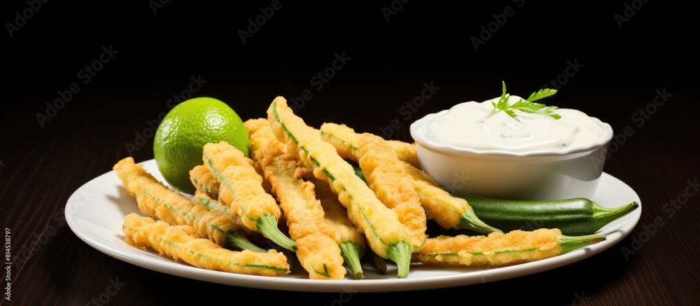 Aufkleber Healthy snacks like fried okra tempura with yogurt sauce can be a tasty option for those looking for a satisfying and nutritious bite. with copy space image. Place for adding text or design