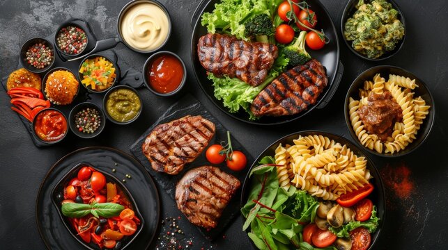 Top view, healthy main courses of various types arranged neatly on a dark, isolated background, showcasing meats, salads, pasta, and sauces
