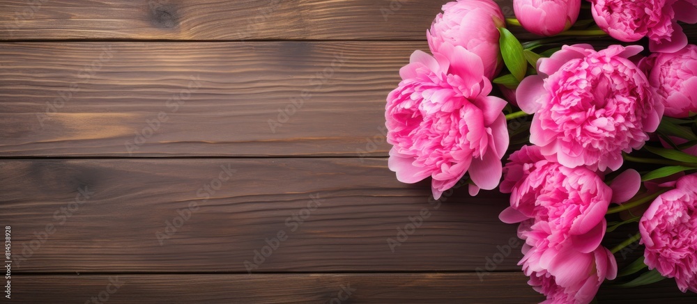 Aufkleber a picturesque copy space image with vibrant pink peony flowers beautifully arranged on a rustic wood