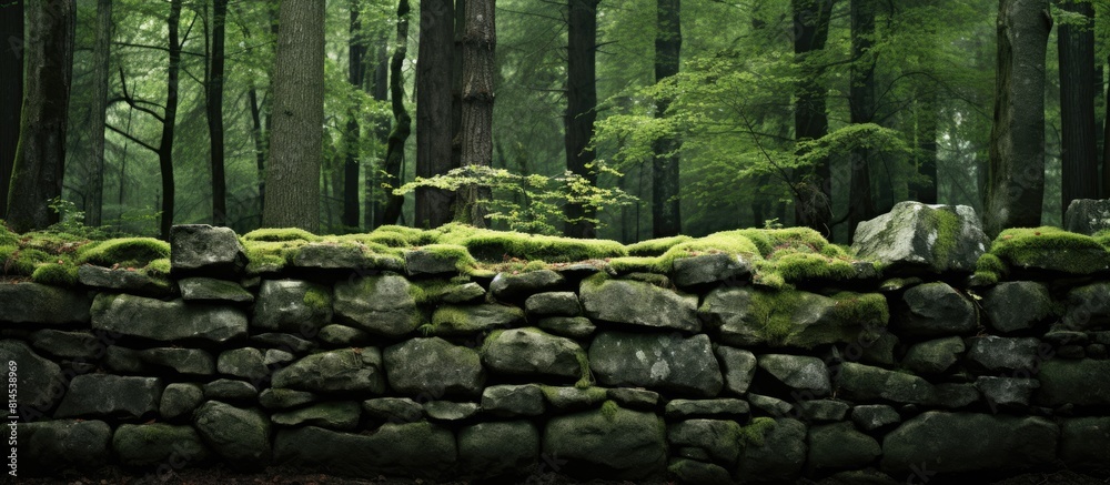 Aufkleber An image of a moss covered stone wall in a serene forest setting. with copy space image. Place for adding text or design