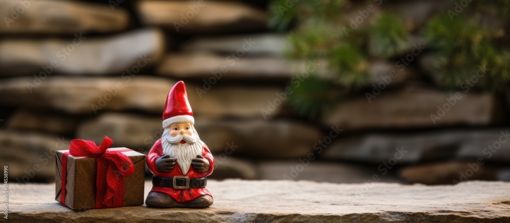 Poster A Santa figurine a gift box and pine cones are displayed on a red table against a blurred stone wall There is plenty of space on the right side for a copy space image Ideal for a Christmas or New Year