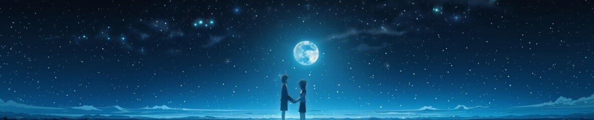 Romantic manga-style moonlit scene with two characters under a starry sky, using deep blues and silvery tones, suited for wallpaper in personal spaces