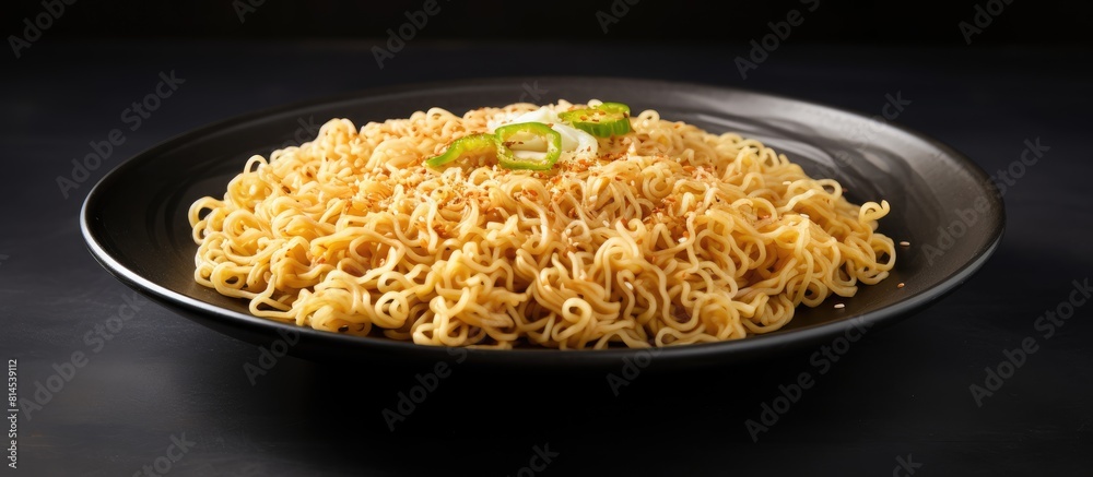 Poster A close up image of uncooked instant noodles placed on a gray plate providing ample space for text or captions