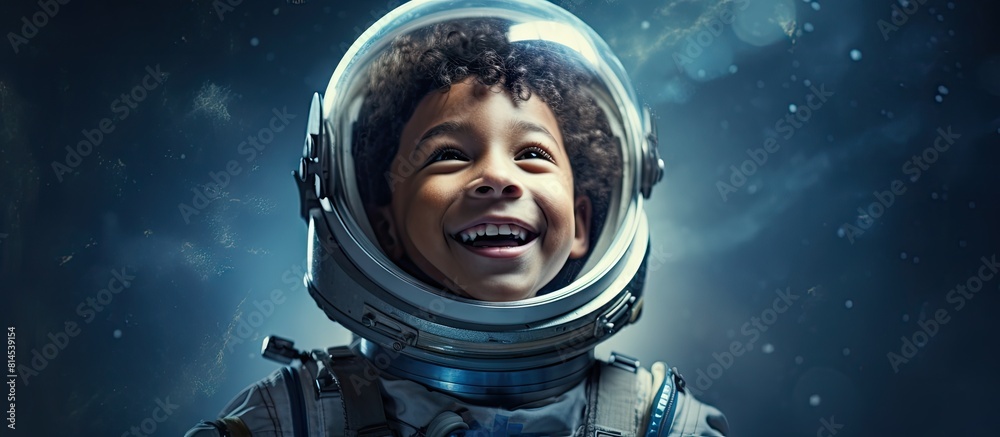 Poster copy space image of a joyful mixed race boy in a space suit pretending to be an astronaut on a blue 