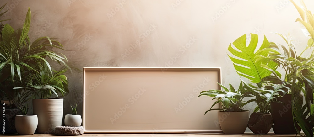 Poster A vintage wooden table displays a mock up photo frame surrounded by lush monstera leaves and aloe vera plants in clay pots creating a visually appealing room interior. with copy space image