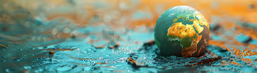 The top view of a minimalist color background features a melting globe, giving an unreal sense of global boiling. This stark, visually engaging image provides ample copy space for conveying urgent