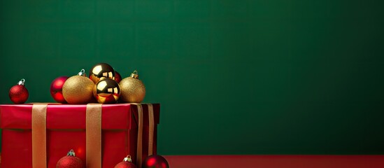 A copy space image featuring a festive green gift box with red and gold balls for the Christmas tree displayed on a vibrant red background - Powered by Adobe