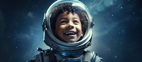 Copy space image of a joyful mixed race boy in a space suit pretending to be an astronaut on a blue backdrop adorned with handcrafted white stars showcasing his imaginative and creative side during hi