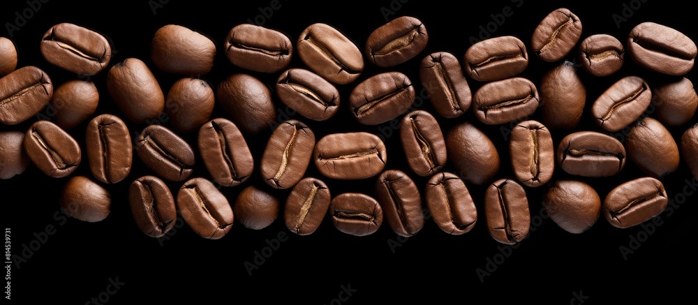 Poster Aromatic roasted Arabica coffee beans arranged to resemble lips on a white backdrop Perfect for adding text or graphics. with copy space image. Place for adding text or design