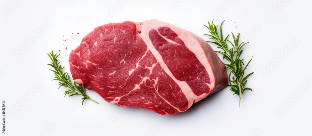 Fototapete a top down view of a raw veal steak fillet on a white background there is ample copy space for addin
