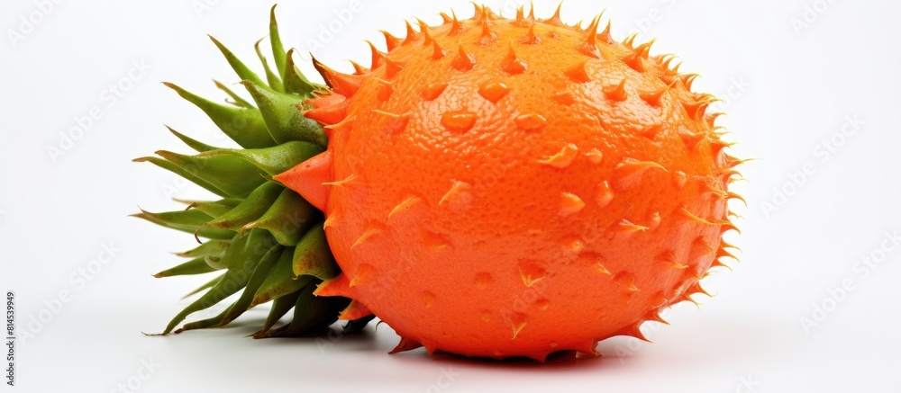 Poster close up shot of a succulent ripe orange with juicy flesh isolated on a white background providing a