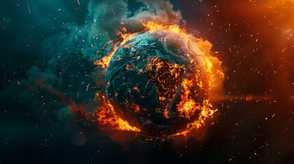 Abstract conceptual illustration of global warming and environmental disaster on Earth, filled with oil and carbon, destroyed by fire and burned.