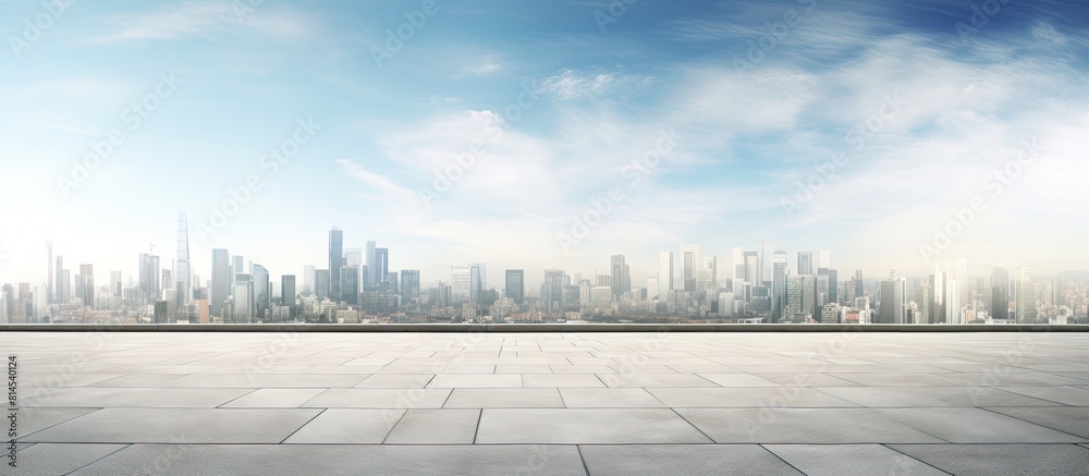 Poster A panoramic view of a city skyline and buildings with a spacious concrete floor 35 characters. with copy space image. Place for adding text or design