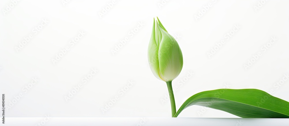 Poster A single green leaf of a tulip stands alone against a clean white background creating the perfect copy space image
