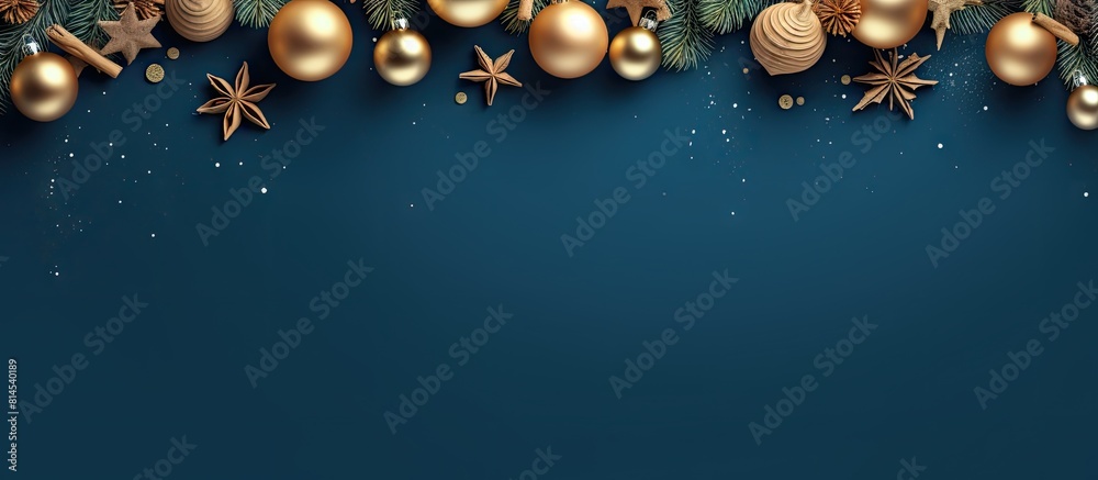 Aufkleber a christmas frame consisting of fir branches golden stars and balls on a blue background the image i