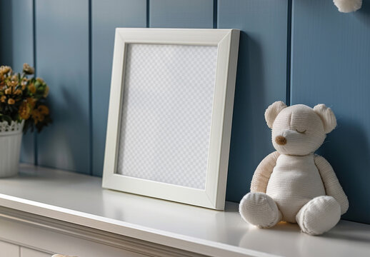 Playful Mockup With White Frame Against Blue Wall and Generative ai