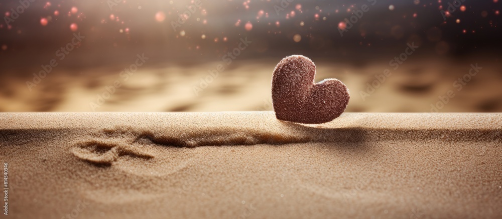 Poster A romantic Valentines day background with love written in sand in front of a wooden backdrop perfect for product displays Copy space image