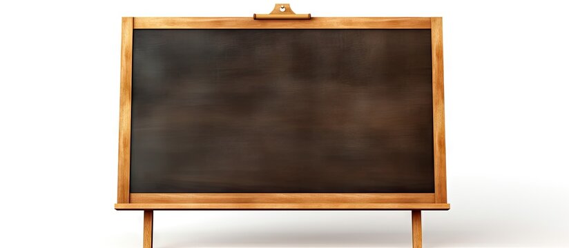 A blackboard and pencil made of wood are positioned alone on a white background allowing for a copy space image