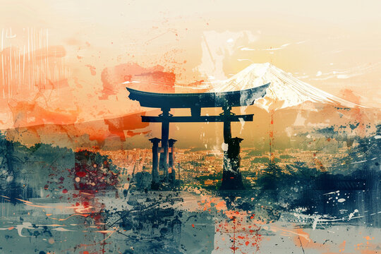 abstract image of ancient torii gate landscape in Japanese style 