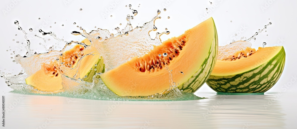 Poster A copy space image of a cantaloupe melon is shown with water droplets splashing and the fruit sinking set against a white background