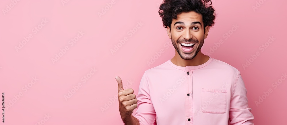 Aufkleber excited young hispanic man with a happy smile stands over a pink background pointing with open palms