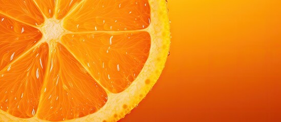 Copy space image of the textured slice of an orange fruit against an orange background