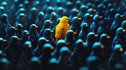 A yellow crow alone among a crowd of black crows emphasizes the idea of standing out and being different from the rest.